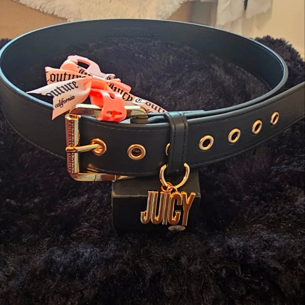 Juicy Couture Black Belt with Gold Buckle and Pink Ribbon